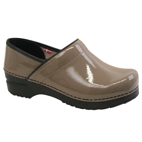 Women's Closed Back Clog, Patent leather Upper, Polyurethane Outsole, Taupe, Size 5.5-6 M